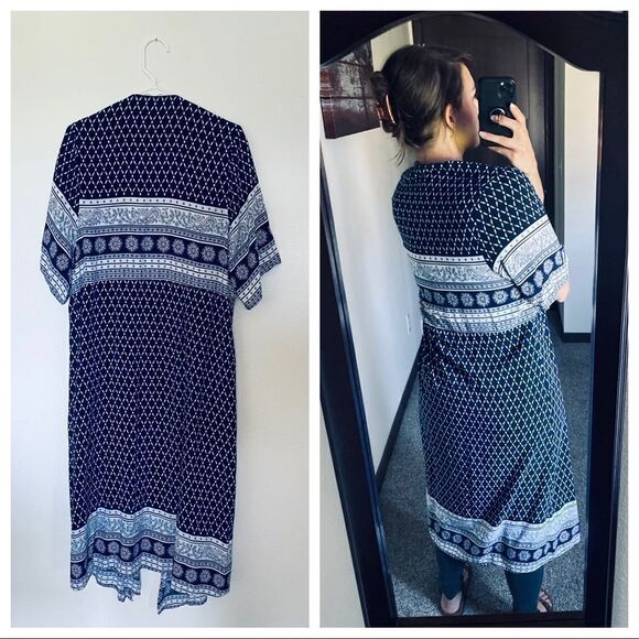 Kimono Duster Cardigan Navy White Floral Small Paisley Boho Rayon - Picture 4 of 7